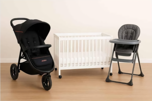 Stroller, crib and chair for rent.